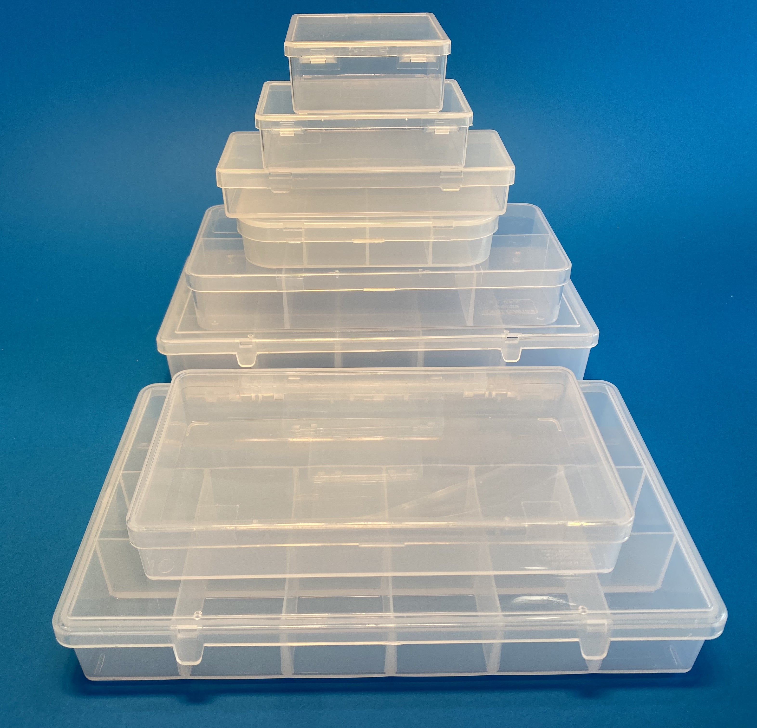 Plastic cases molded in clear (clarified) polypropylene for a wide variety of applications, compartmentalized for organizing