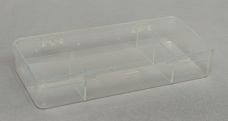 Our D83 case with 5 bays molded in clear impact-protected copolymer, photographed in a closed position