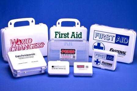 A group of our unitized cases for first aid, in this instance all with imprints or custom labels