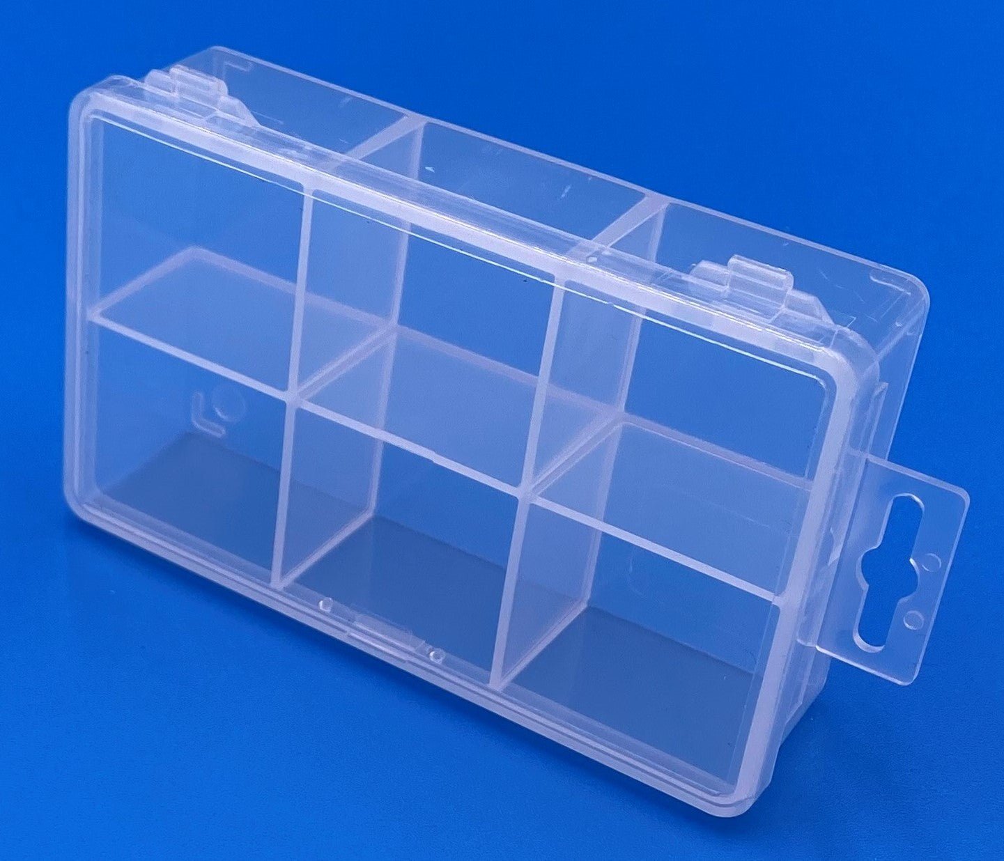 D23 case, 6 bays with a hang tab, molded in clear polypropylene, closed view 2