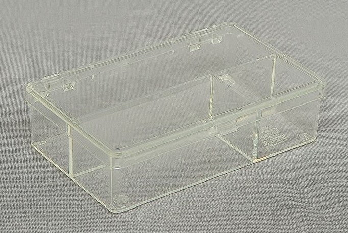 Our D23 case with 3 bays in clear impact protected polymer pictured in closed position