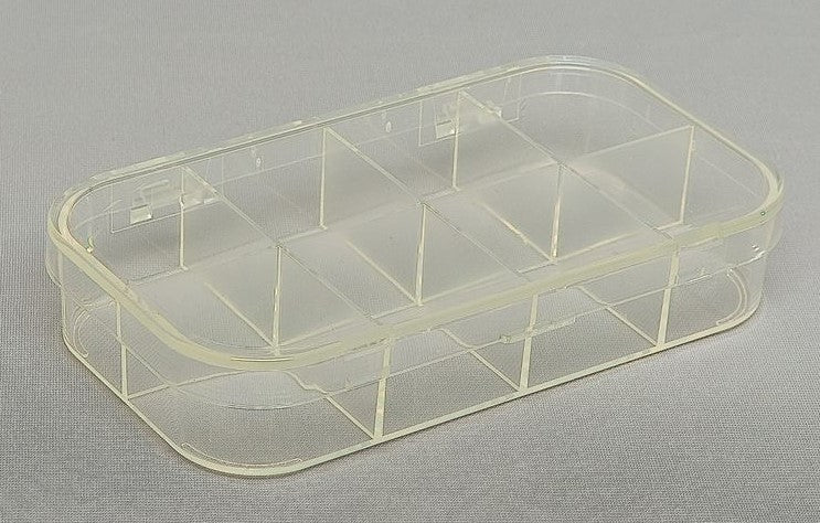Our D25 case with 8 bays molded in clear impact-protected copolymer photographed in a closed position