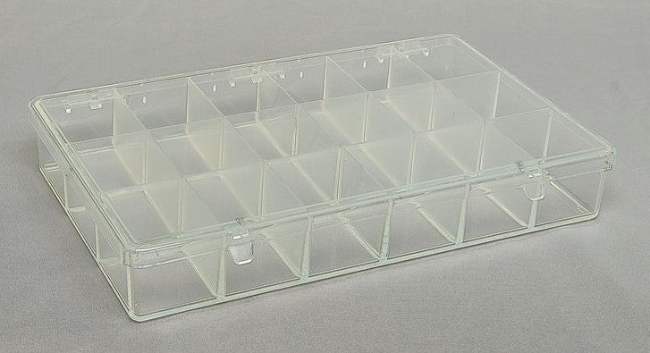 Our D55 case with 18 bays molded in clear impact-modified copolymer photographed in a closed position